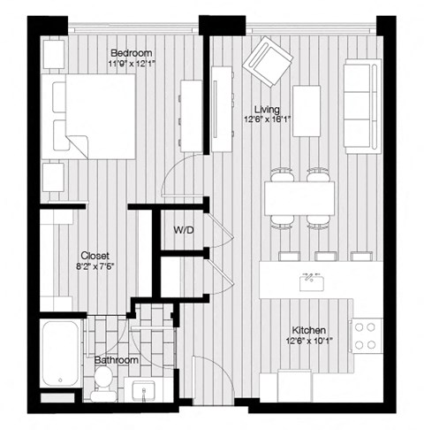Floor plan for 1 bed, 1 bath, 700 sqft